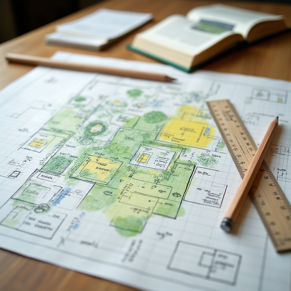 Handgezeichneter Pflanzplan für einen Permakultur-Garten auf Papier