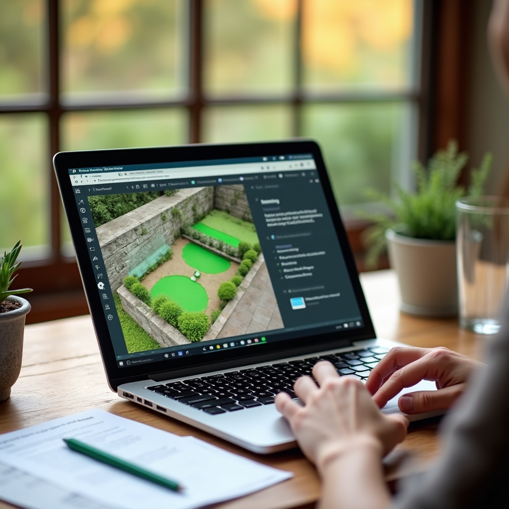 Laptop mit geöffnetem Online-Workshop-Interface auf einem Schreibtisch mit Gartenutensilien