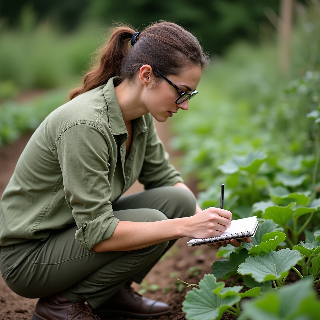Frau mittleren Alters macht Notizen in einem Garten mit Gemüsebeeten